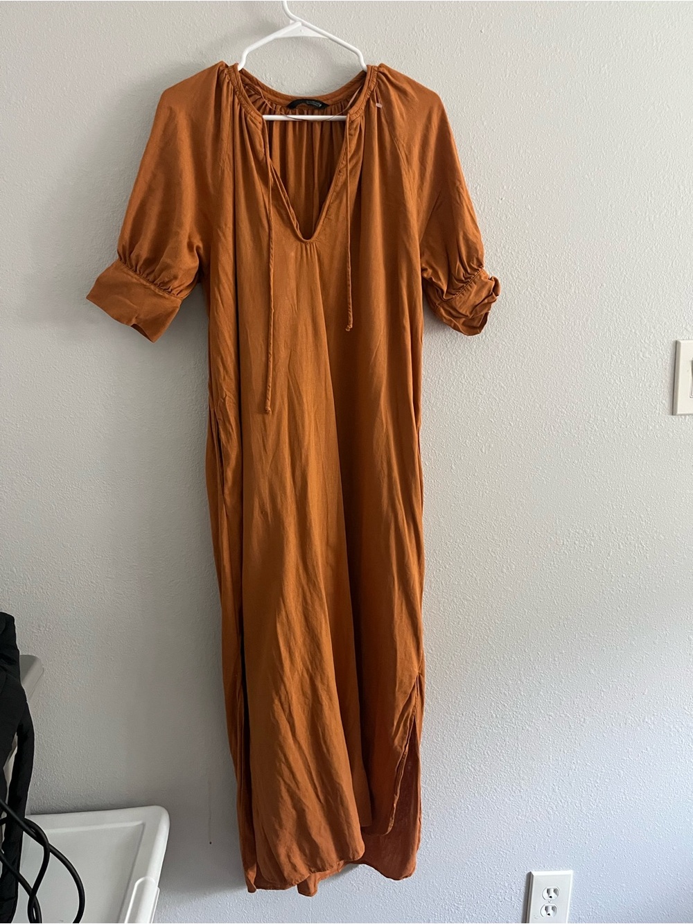 Zara Linen Blend Rust Orange V-Neck Maxi Dress Size XS - Picture 2 of 6